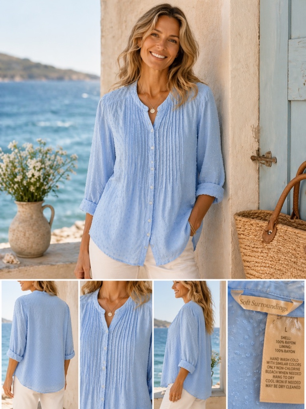 Soft Surroundings Blue Swiss Dot Blouse Size L Flowy Pintuck Button Front